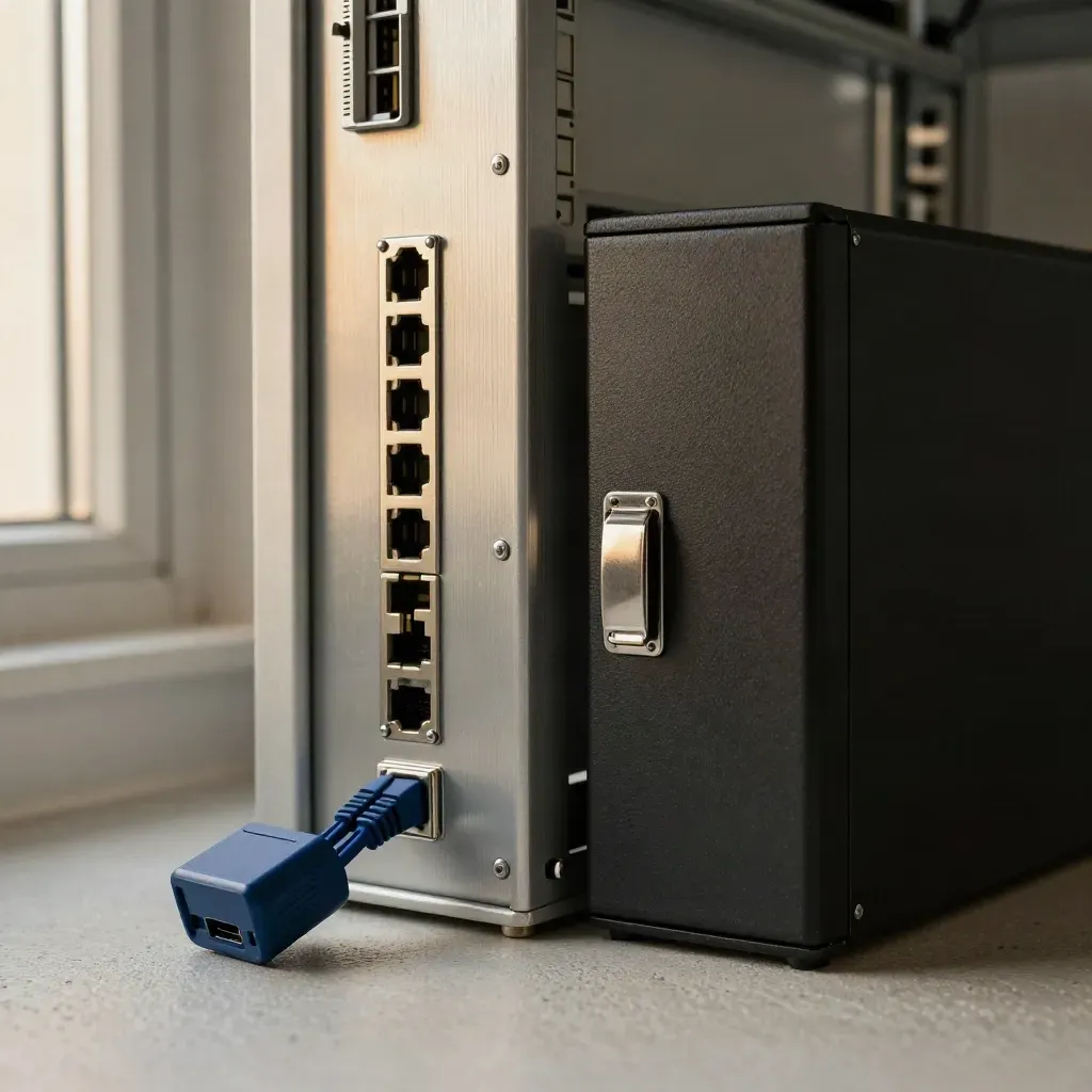 Patch panel, loose cable, network tap and locked firewall appliance in a warm data-room corner.