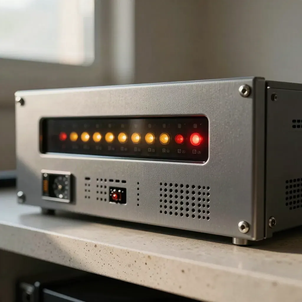 Macro of network appliances with one status LED turning red in a rack
