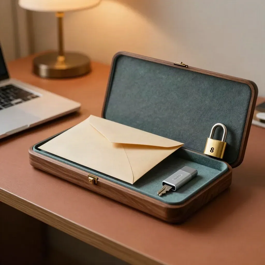 Closed laptop, security key, sealed practice envelope and quarantined USB in a warm training caddy.