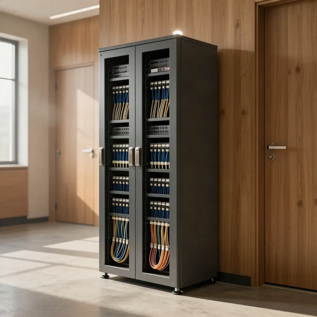 Locked data-room rack in a quiet corridor with sealed cables and a soft beacon