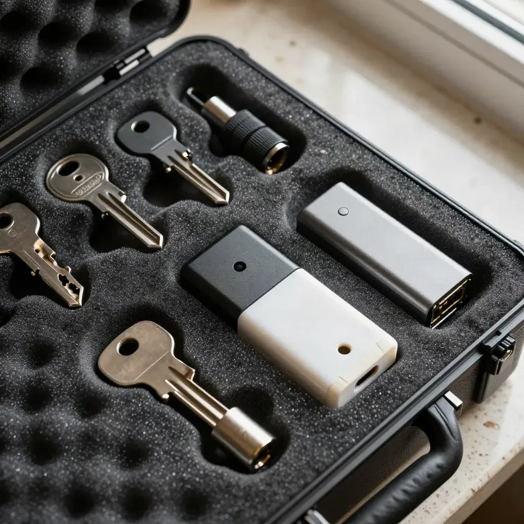 Open rugged assessment case with hardware keys, adapter dongles, network tap and sealed probe module on foam