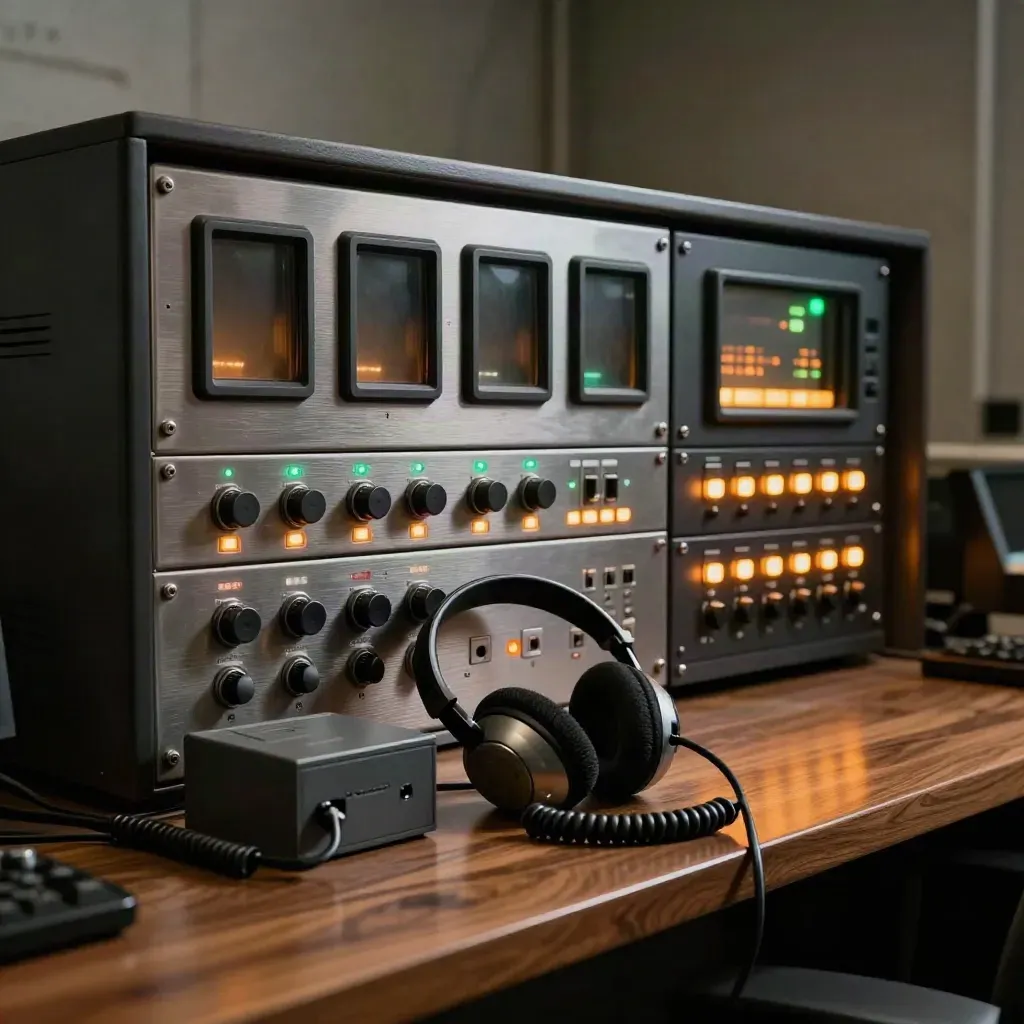 Dark monitoring console, pager cradle and relay box on a walnut security bench with amber lights.