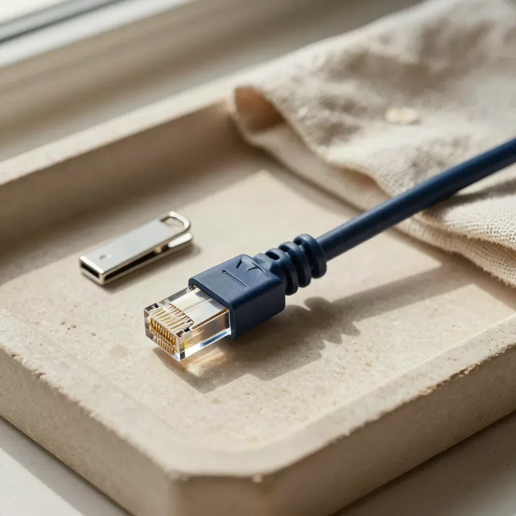 Repaired ethernet lead on a stone tray with RJ connector, cable clip and folded linen cloth.
