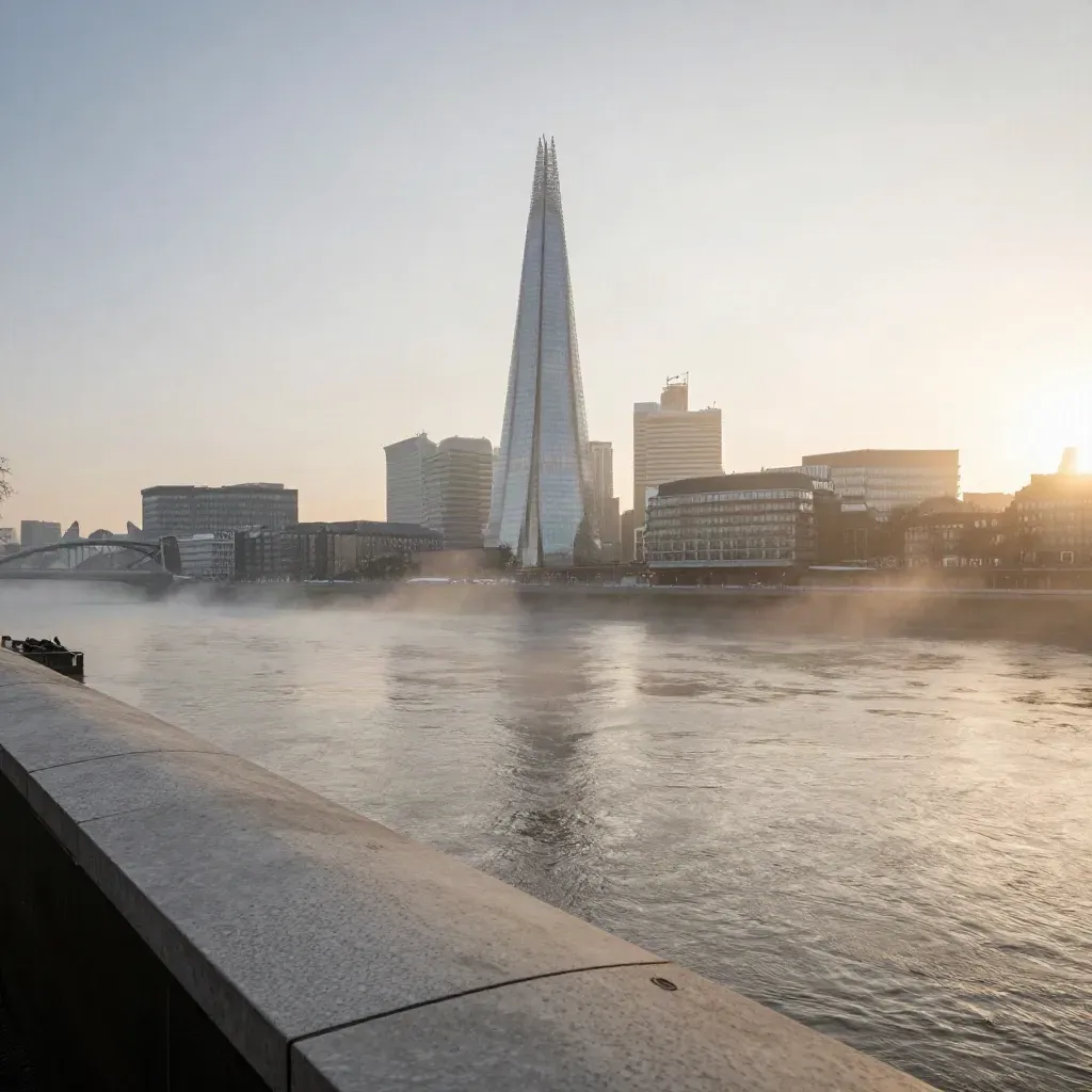 Dawn haze over the Thames with the City skyline and Shard above a calm river plain.
