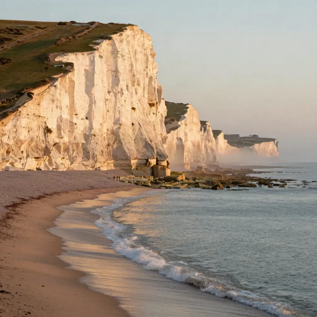 Brighton chalk cliffs above a calm seaside sweep at golden hour with haze.